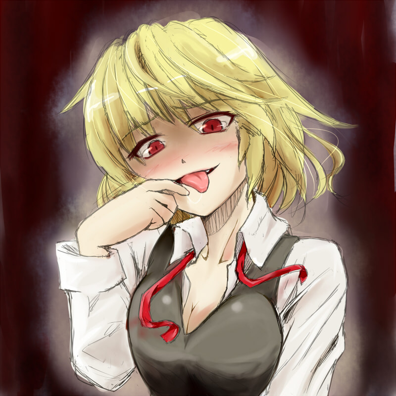 mizukiri, ex-rumia, rumia, embodiment of scarlet devil, touhou, bad id, bad pixiv id, 1girl, aged up, blonde hair, blush, breasts, cleavage, fangs, female focus, large breasts, naughty face, necktie, open clothes, open shirt, rape face, red eyes, saliva, shirt, short hair, sketch, solo, tongue, you gonna get raped