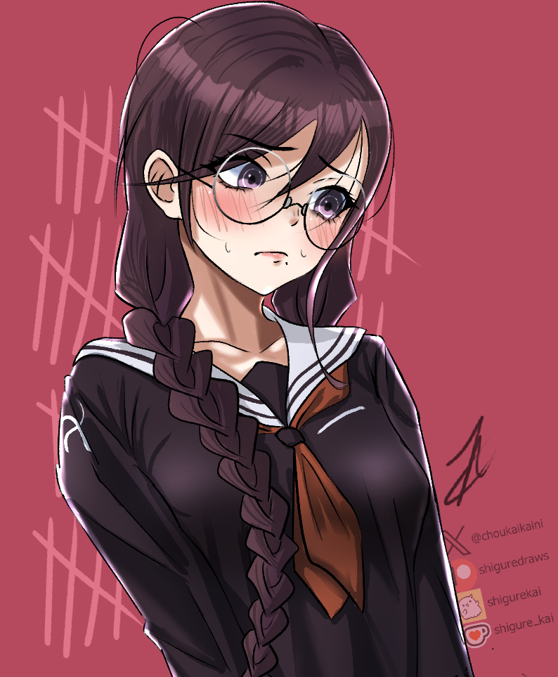shigure (choukaikaini), fukawa toko, danganronpa: trigger happy havoc, danganronpa (series), commentary, commission, ko-fi commission, 1girl, artist name, black shirt, blush, braid, closed mouth, collared shirt, eyelashes, fanbox logo, fanbox username, glasses, hair between eyes, hair over one eye, ko-fi logo, lips, long hair, long sleeves, mole, mole under mouth, neckerchief, patreon logo, patreon username, purple eyes, purple hair, red background, red neckerchief, round eyewear, sailor collar, shirt, signature, simple background, solo, sweat, tally, twitter username, twitter x logo, upper body, white sailor collar