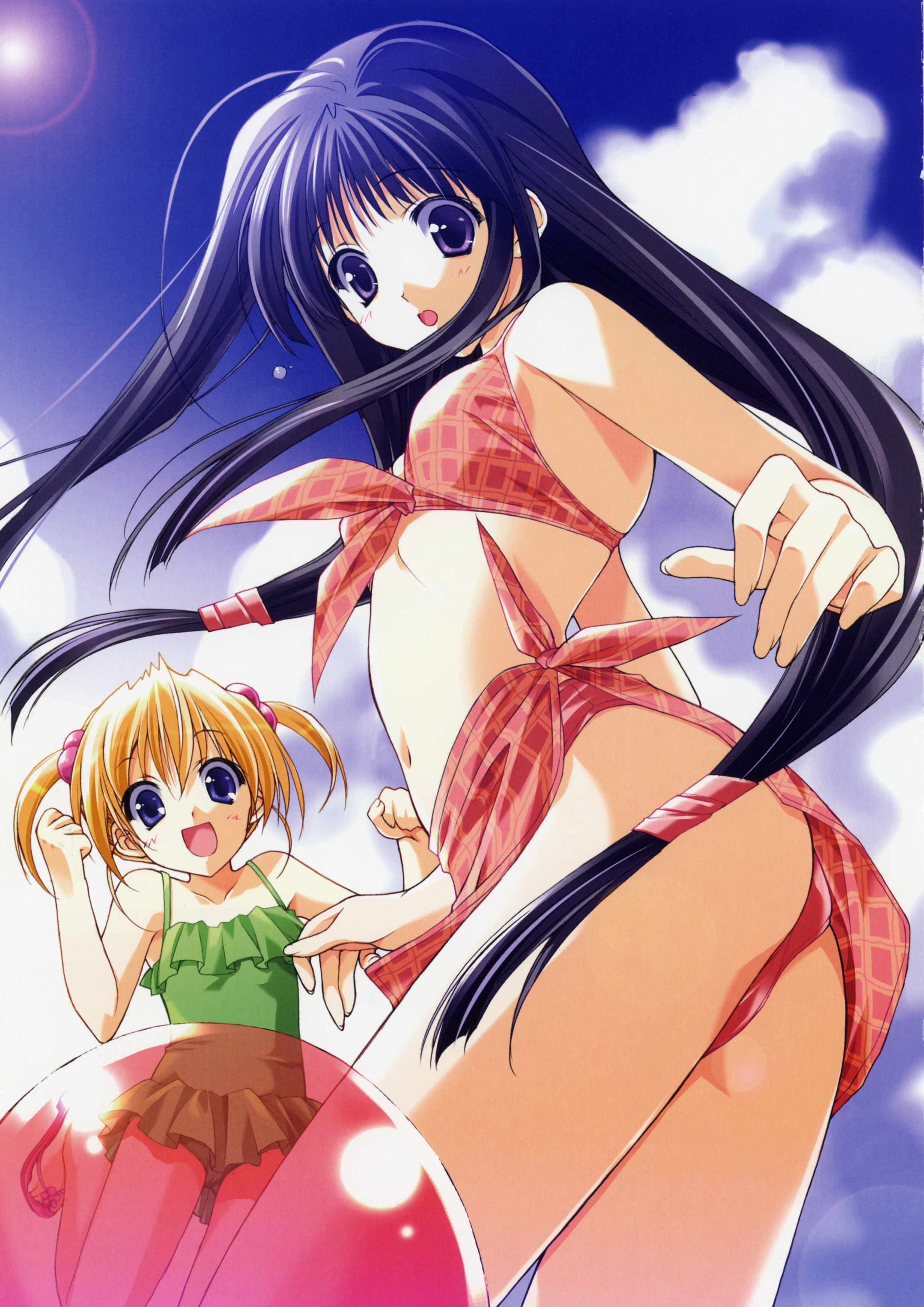 suzuhira hiro, hazuki chika, tachibana kazuna, aikagi, absurdres, highres, scan, 2girls, ass, bikini, cloud, day, feet, flat chest, flip-flops, from below, front-tie top, hair bobbles, hair ornament, long hair, looking back, multiple girls, navel, open mouth, pink sarong, sandals, sarong, short hair, short twintails, sky, smile, swimsuit, twintails