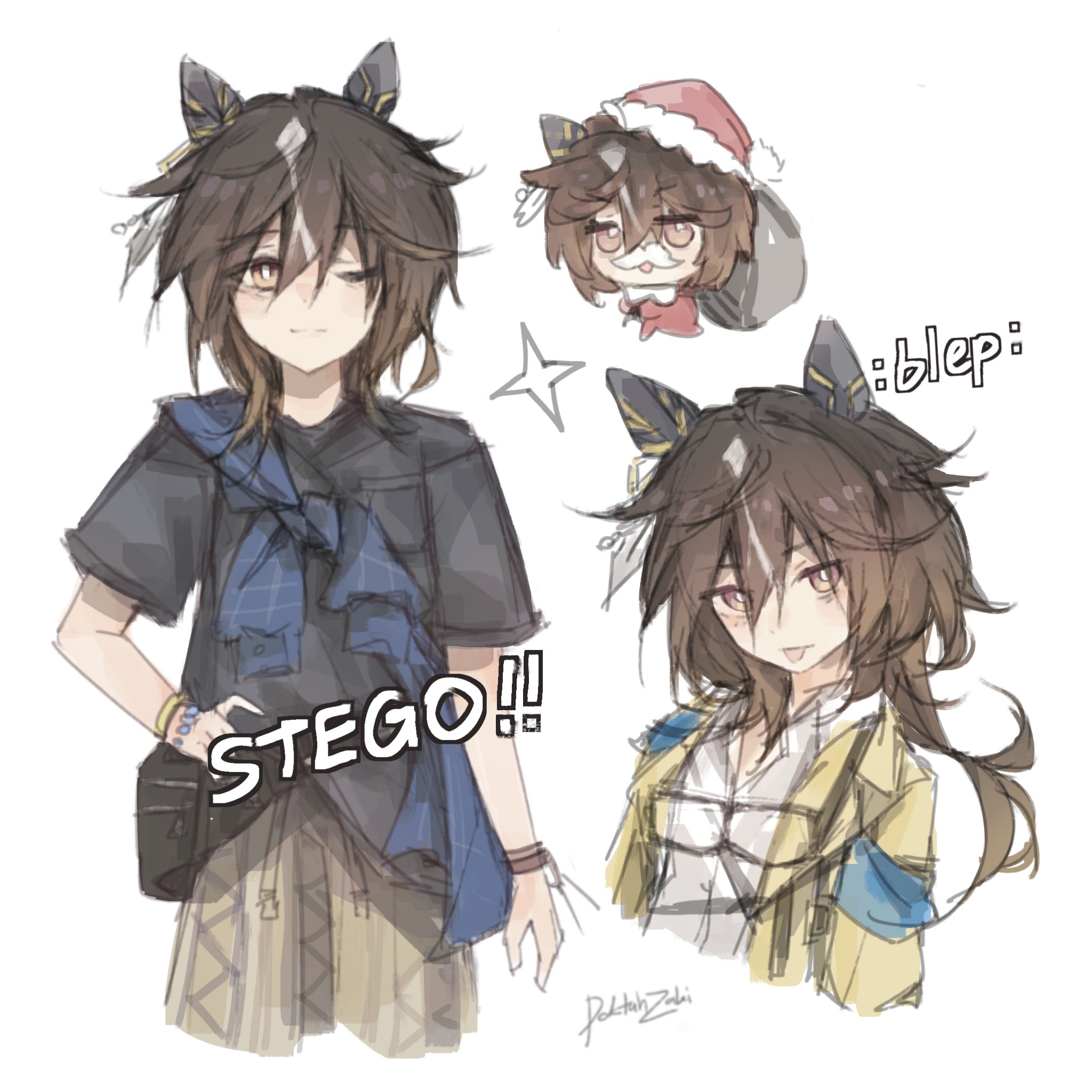 doktahzaki, stay gold (umamusume), umamusume, highres, 1girl, animal ears, black hair, black shirt, blue shirt, blush, bracelet, brown eyes, brown hair, coat, ear covers, facial hair, fanny pack, goggles, goggles around neck, hair between eyes, hat, holding, holding sack, horse ears, horse girl, jewelry, long hair, looking at viewer, multicolored hair, mustache, one eye closed, pants, ponytail, sack, santa costume, santa hat, shirt, simple background, smile, sparkle, stay gold (casual) (umamusume), stay gold (sunlit outsider) (umamusume), streaked hair, tongue, tongue out, white background, white hair, white shirt, yellow coat