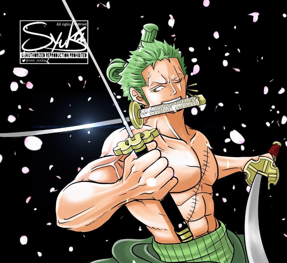 one syuka, roronoa zoro, one piece, commentary request, 1boy, abs, black background, chonmage, falling petals, glint, green kimono, haramaki, holding, holding sword, holding weapon, japanese clothes, kimono, looking to the side, male focus, one eye closed, petals, scar, scar across eye, scar on face, sideburns, solo, sword, topknot, topless male, twitter username, v-shaped eyebrows, veins, watermark, weapon, weapon in mouth
