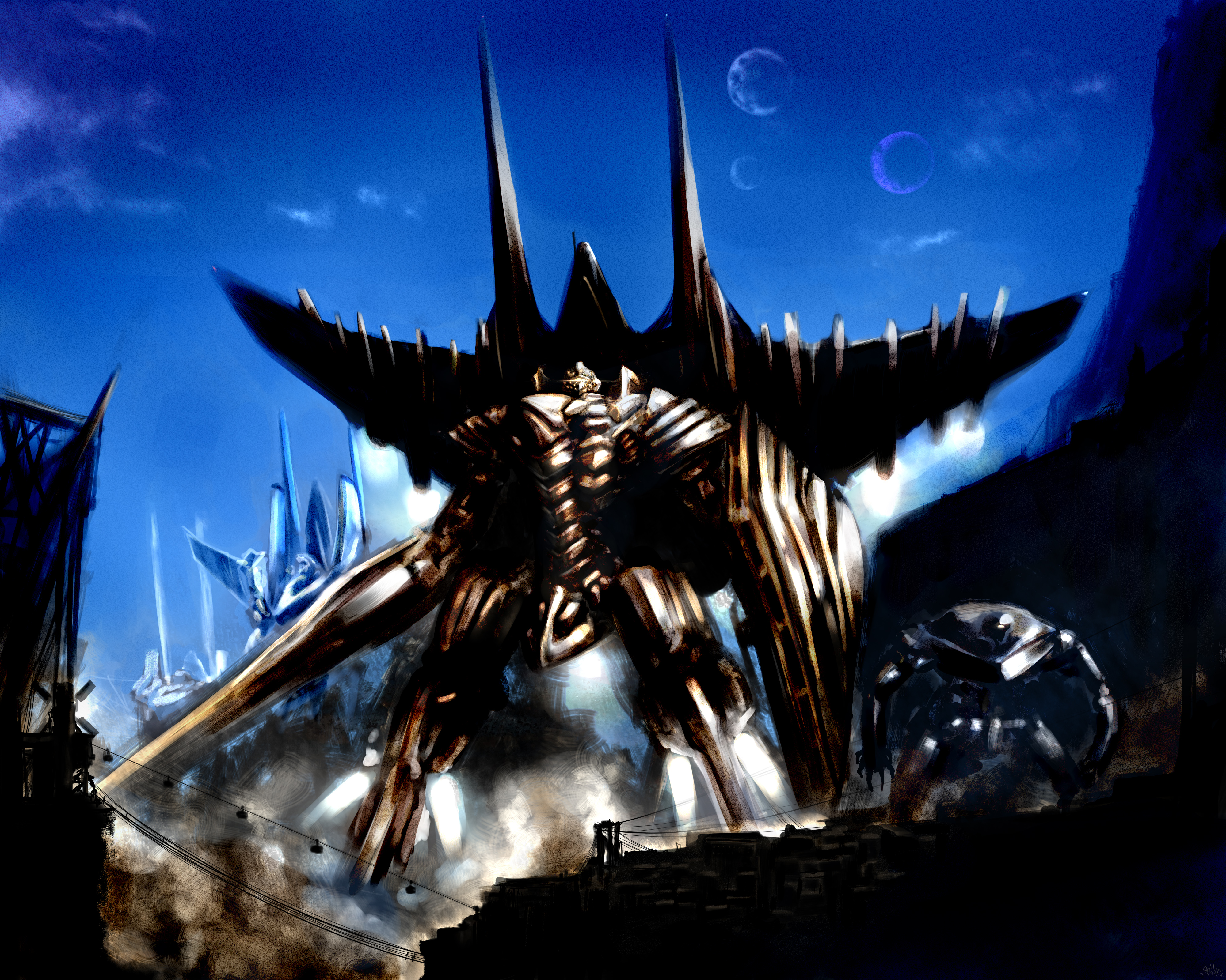 kotoba noriaki, original, absurdres, highres, tagme, mecha, moon, power lines, robot