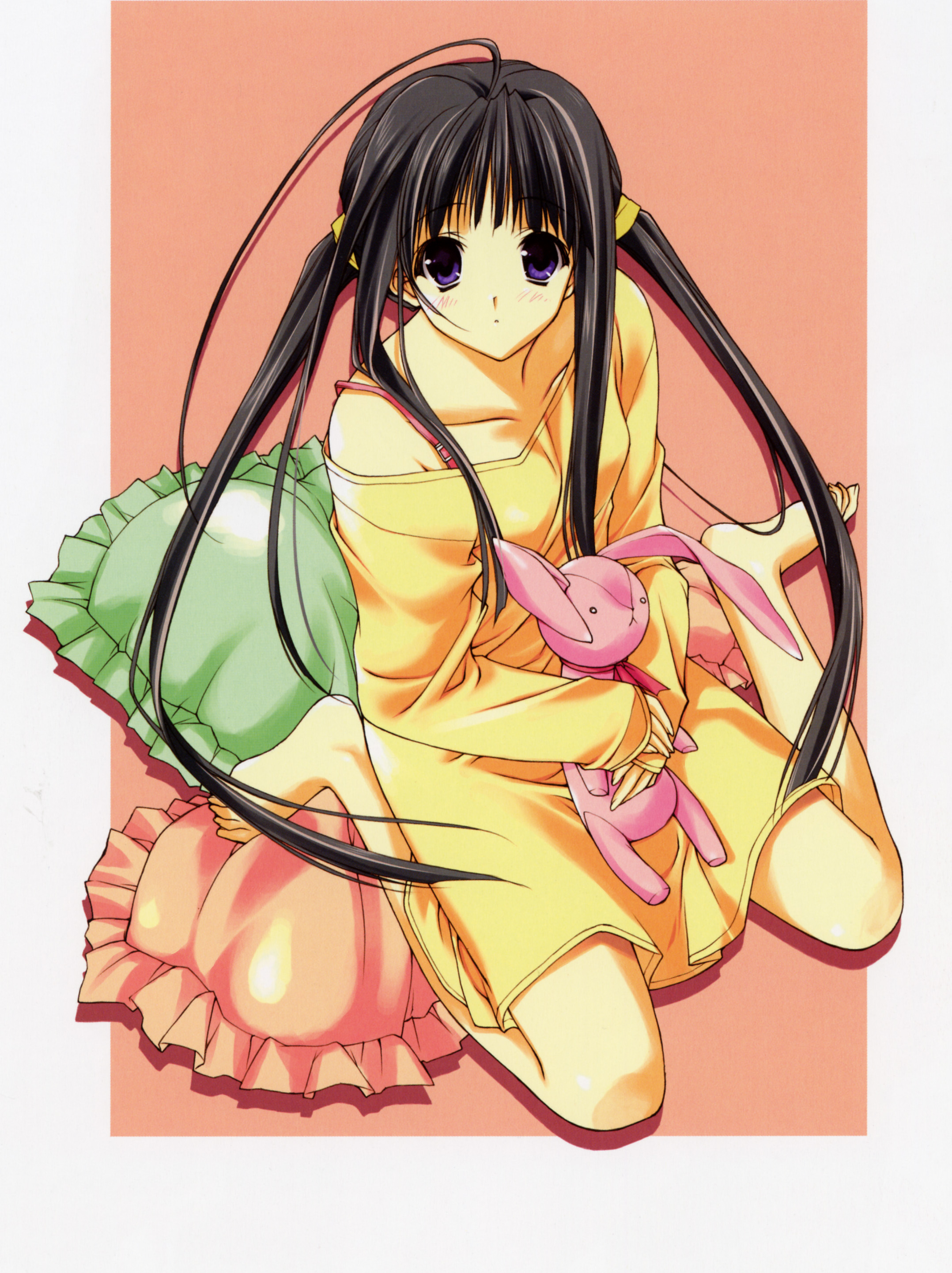 suzuhira hiro, absurdres, highres, scan, 1girl, ahoge, barefoot, black hair, female focus, frilled pillow, frills, long hair, pillow, sitting, solo, stuffed animal, stuffed rabbit, stuffed toy, twintails, wariza