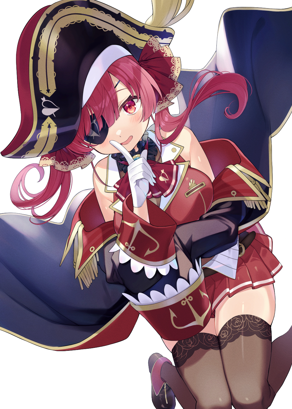 ayame (3103942), houshou marine, houshou marine (1st costume), hololive, commentary request, highres, 1girl, ascot, bare shoulders, black coat, black hat, black shoes, blush, breasts, brown thighhighs, cleavage, coat, eyepatch, finger to mouth, gloves, hair ribbon, hat, jacket, knees together feet apart, large breasts, long hair, long sleeves, looking at viewer, off shoulder, parted lips, pirate hat, pleated skirt, red ascot, red eyes, red hair, red jacket, red ribbon, red skirt, ribbon, see-through cleavage, see-through clothes, shoes, shushing, simple background, skirt, sleeveless, sleeveless jacket, smile, solo, thighhighs, twintails, virtual youtuber, white background, white gloves