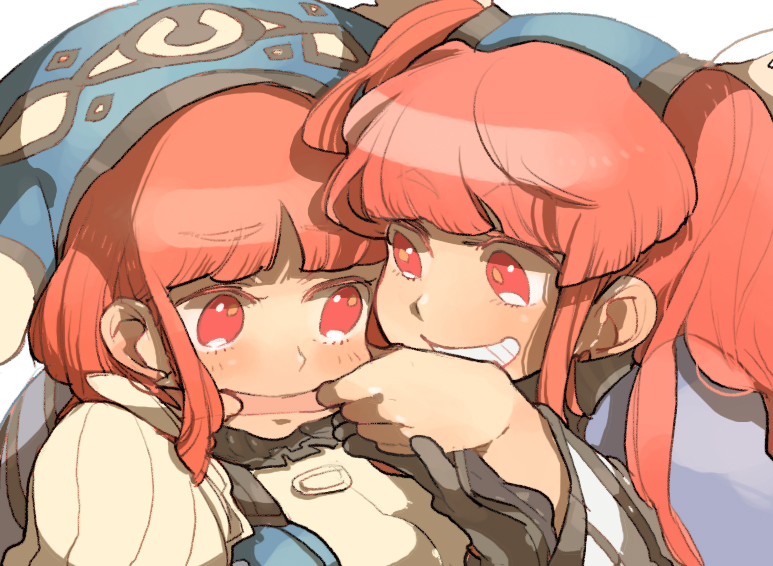 maruco, maya (dewprism), mint (dewprism), dewprism, bad id, bad pixiv id, 2girls, female focus, fingersmile, grin, multiple girls, portrait, red hair, smile, tears, teasing