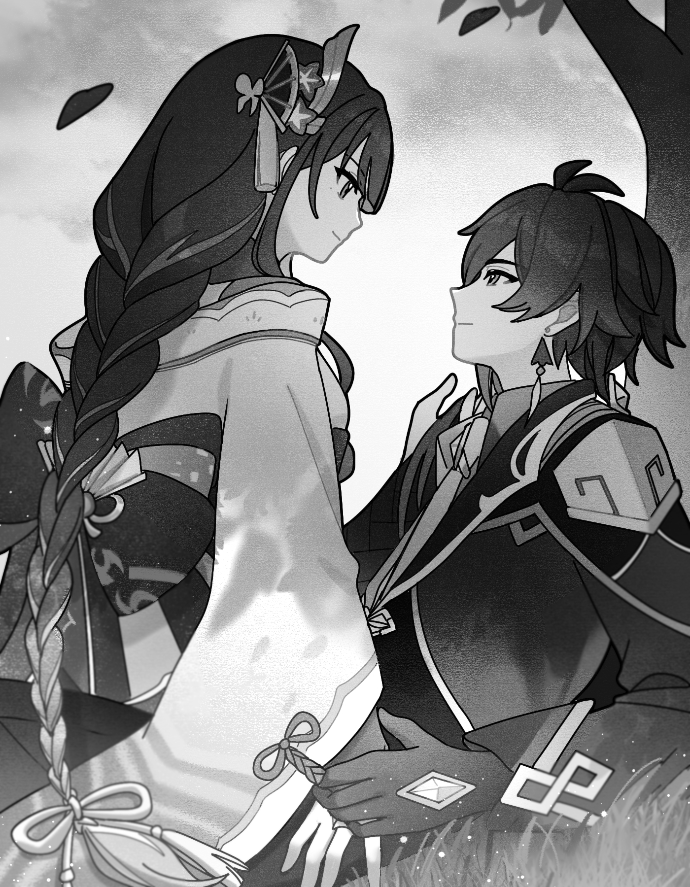 feizhoudaqiuzhangperper, raiden shogun, zhongli (genshin impact), genshin impact, chinese commentary, highres, 1boy, 1girl, antenna hair, back bow, bow, braid, chinese clothes, cloud, cloudy sky, couple, fan hair ornament, formal clothes, from side, gloves, hair ornament, hair ribbon, hand in another's hair, japanese clothes, kimono, long braid, long hair, long sleeves, looking at another, looking down, looking up, low ponytail, mole, mole under eye, monochrome, ponytail, ribbon, single braid, sky, suit, tree, wide sleeves