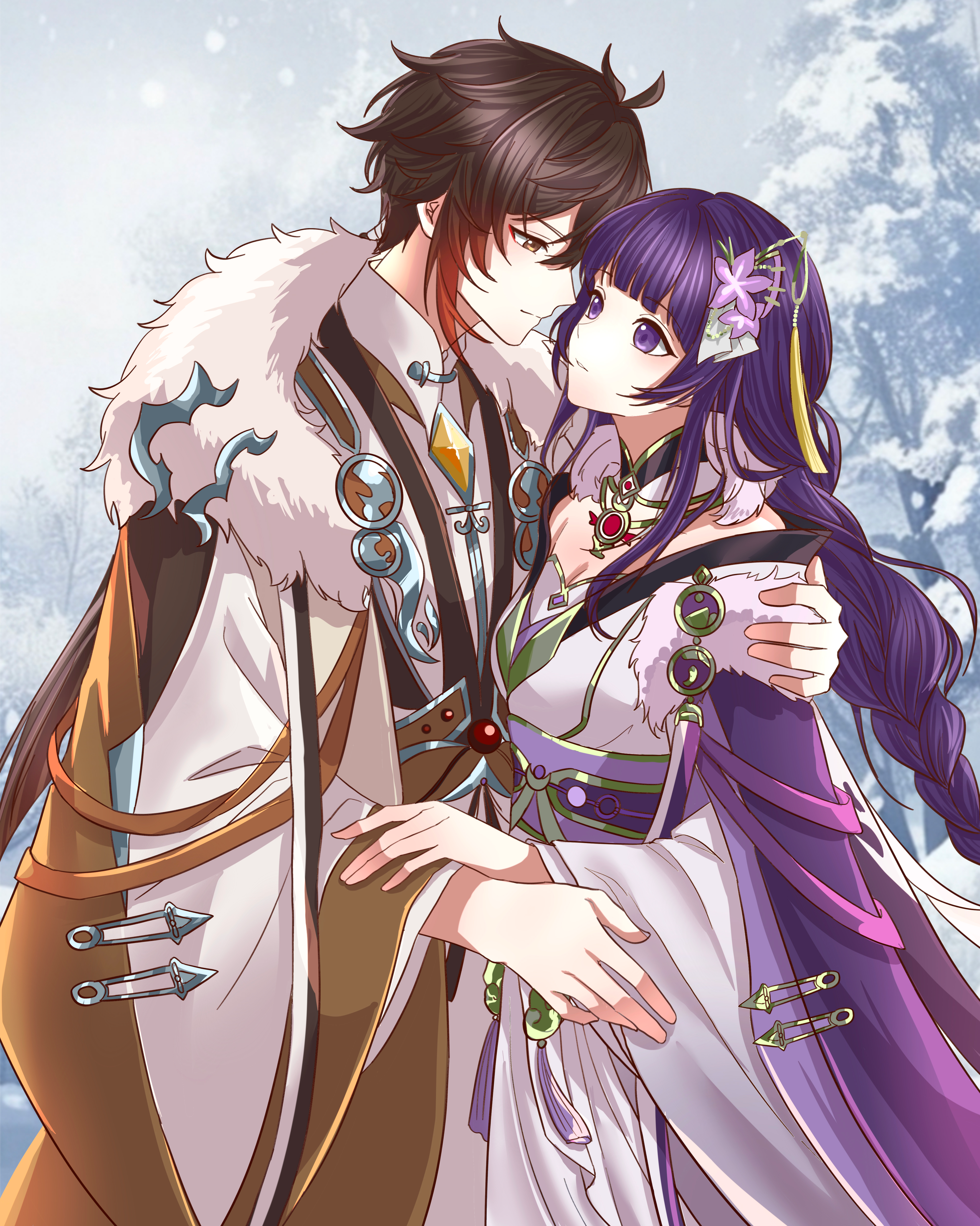 feizhoudaqiuzhangperper, raiden shogun, zhongli (genshin impact), genshin impact, absurdres, chinese commentary, highres, 1boy, 1girl, alternate costume, alternate universe, blunt bangs, braid, breasts, brown eyes, brown hair, chinese clothes, cleavage, closed mouth, couple, detached collar, fan hair ornament, flower ornament, gem, gradient hair, grey hair, hair between eyes, hair ornament, hand on another's arm, hand on another's shoulder, heads together, hetero, japanese clothes, leaning on person, light blush, long braid, long sleeves, looking at another, looking down, looking up, multicolored hair, off shoulder, outdoors, purple eyes, purple hair, single braid, snow, standing, upper body, wide sleeves