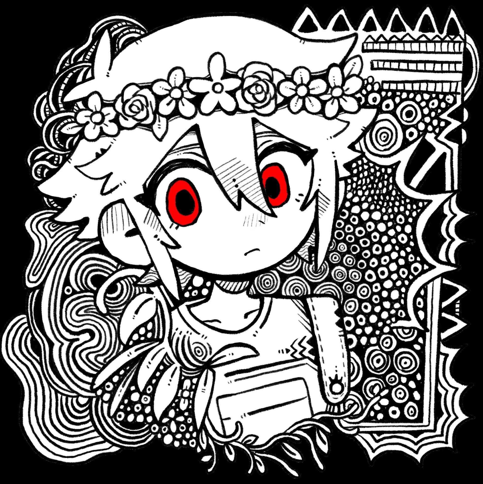 uminosoko44, basil (headspace) (omori), basil (omori), omori, highres, 1boy, alternate eye color, closed mouth, collarbone, double-parted bangs, greyscale, hair between eyes, looking at viewer, male focus, monochrome, overalls, red eyes, shirt, short hair, sidelocks, solo, spot color, t-shirt, upper body