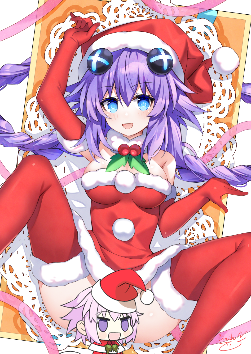 binato lulu, neptune (neptunia), purple heart (neptunia), neptune (series), commentary, english commentary, highres, 1girl, alternate costume, blue eyes, blush, braid, breasts, capelet, chibi, christmas, elbow gloves, fur-trimmed capelet, fur-trimmed headwear, fur trim, gloves, hair between eyes, hair ornament, hat, long hair, medium breasts, meme, padoru (meme), panties, power symbol, power symbol-shaped pupils, purple hair, red capelet, red gloves, red hat, santa costume, santa hat, solo, symbol-shaped pupils, thighhighs, twin braids, underwear, very long hair