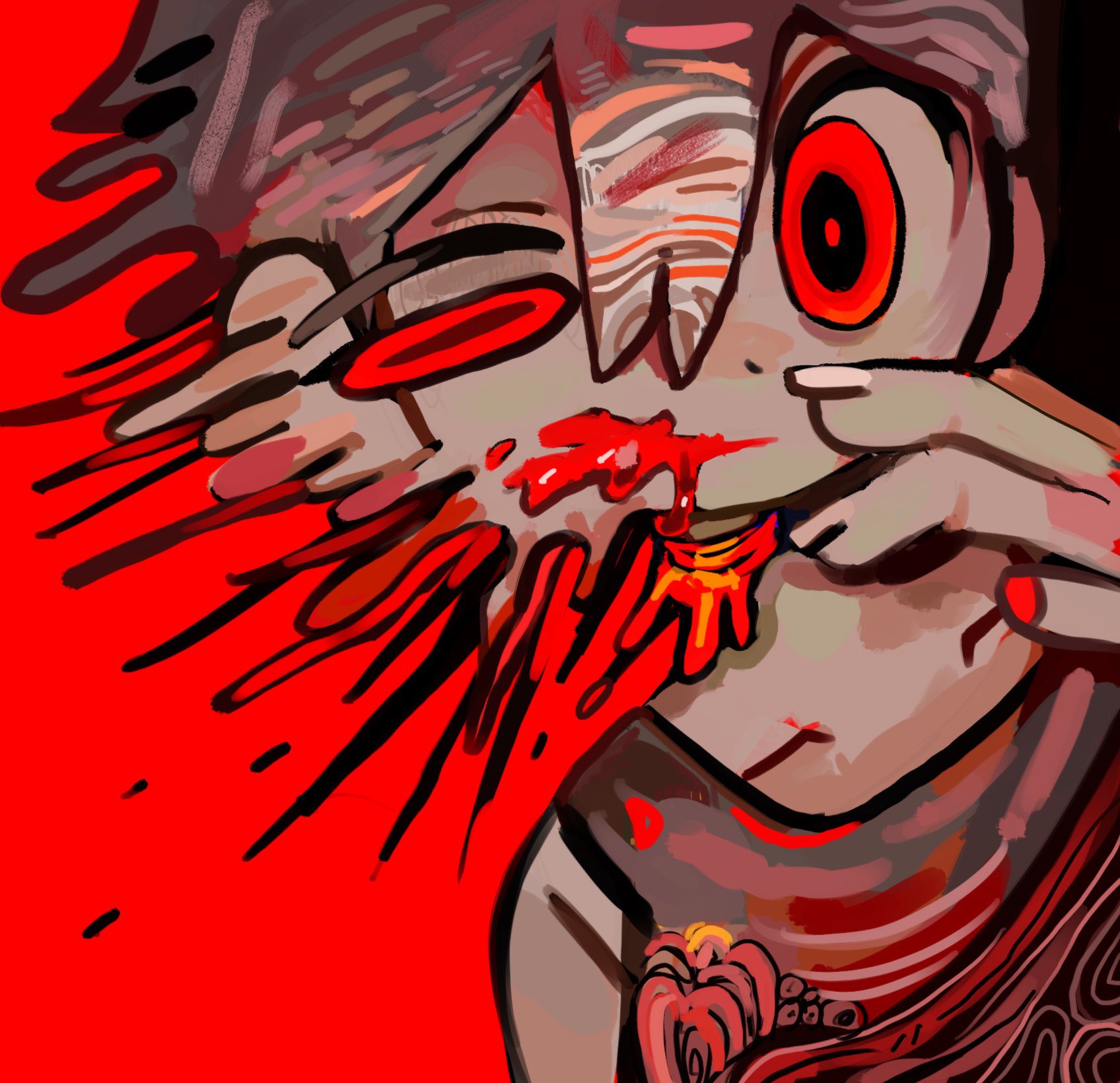 uminosoko44, omori (omori), omori, highres, 1boy, alternate eye color, black hair, black tank top, blood, collarbone, colored skin, double-parted bangs, fingernails, hair between eyes, looking at viewer, male focus, red eyes, short hair, solo, tank top, upper body, white skin