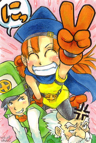 alena (dq4), brey, clift, chunsoft, dragon quest, dragon quest iv, enix, lowres, 1girl, 2boys, blush, cape, facial hair, gloves, grin, hat, kneeling, multiple boys, mustache, pantyhose, red hair, smile, v, white hair