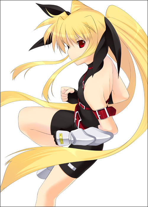 mizuki makoto, fate testarossa, fate testarossa (sonic form), lyrical nanoha, mahou shoujo lyrical nanoha, 00s, blonde hair, gloves, hair ribbon, red eyes, ribbon, solo, twintails