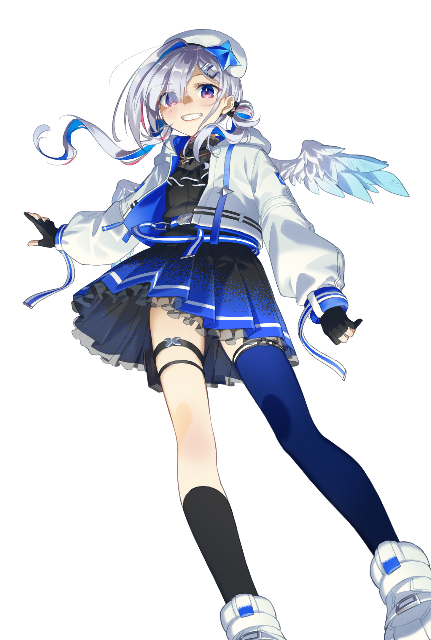 akabino, amane kanata, amane kanata (work), hololive, commentary request, highres, 1girl, angel wings, asymmetrical bangs, asymmetrical legwear, beret, black skirt, blue hair, blue skirt, colored inner hair, feathered wings, gloves, grey hair, hair over one eye, hat, jacket, long hair, long sleeves, multicolored hair, official alternate costume, official alternate hair length, official alternate hairstyle, open clothes, open jacket, partially fingerless gloves, pleated skirt, purple eyes, simple background, single hair intake, single thighhigh, skirt, solo, standing, thighhighs, twintails, two-tone skirt, uneven legwear, virtual youtuber, white background, white hat, white jacket, wings