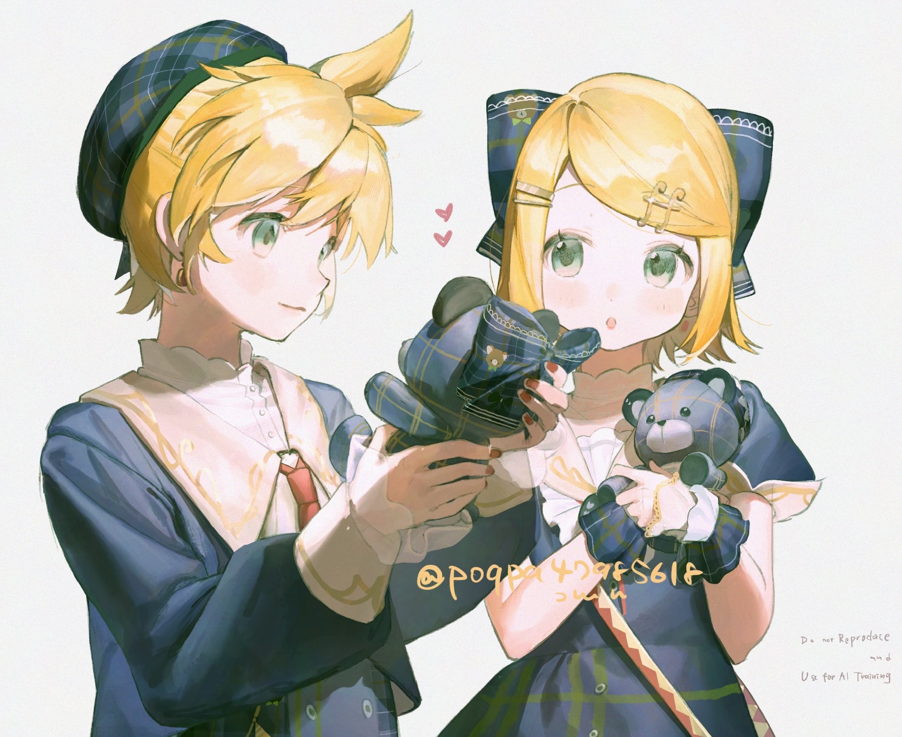pogpa47985618, kagamine len, kagamine rin, vocaloid, highres, 1boy, 1girl, :o, aqua eyes, beret, blonde hair, blue bow, blue dress, blue hat, blue jacket, blue wrist cuffs, bow, collared shirt, crossbody bag, dot nose, dress, earrings, fortissimo, frilled shirt collar, frilled sleeves, frills, gold earrings, grey background, hair bow, hair ornament, hat, heart, holding, holding stuffed toy, jacket, jewelry, light blush, light smile, long sleeves, looking at another, looking at object, medium hair, musical note, musical note hair ornament, nail polish, necktie, open mouth, plaid bow, plaid clothes, plaid dress, plaid hair ornament, plaid hat, puffy long sleeves, puffy sleeves, red nails, red necktie, sailor collar, sailor dress, shirt, short hair, side part, simple background, stuffed animal, stuffed toy, teddy bear, turtleneck, white sailor collar, white shirt, wrist cuffs