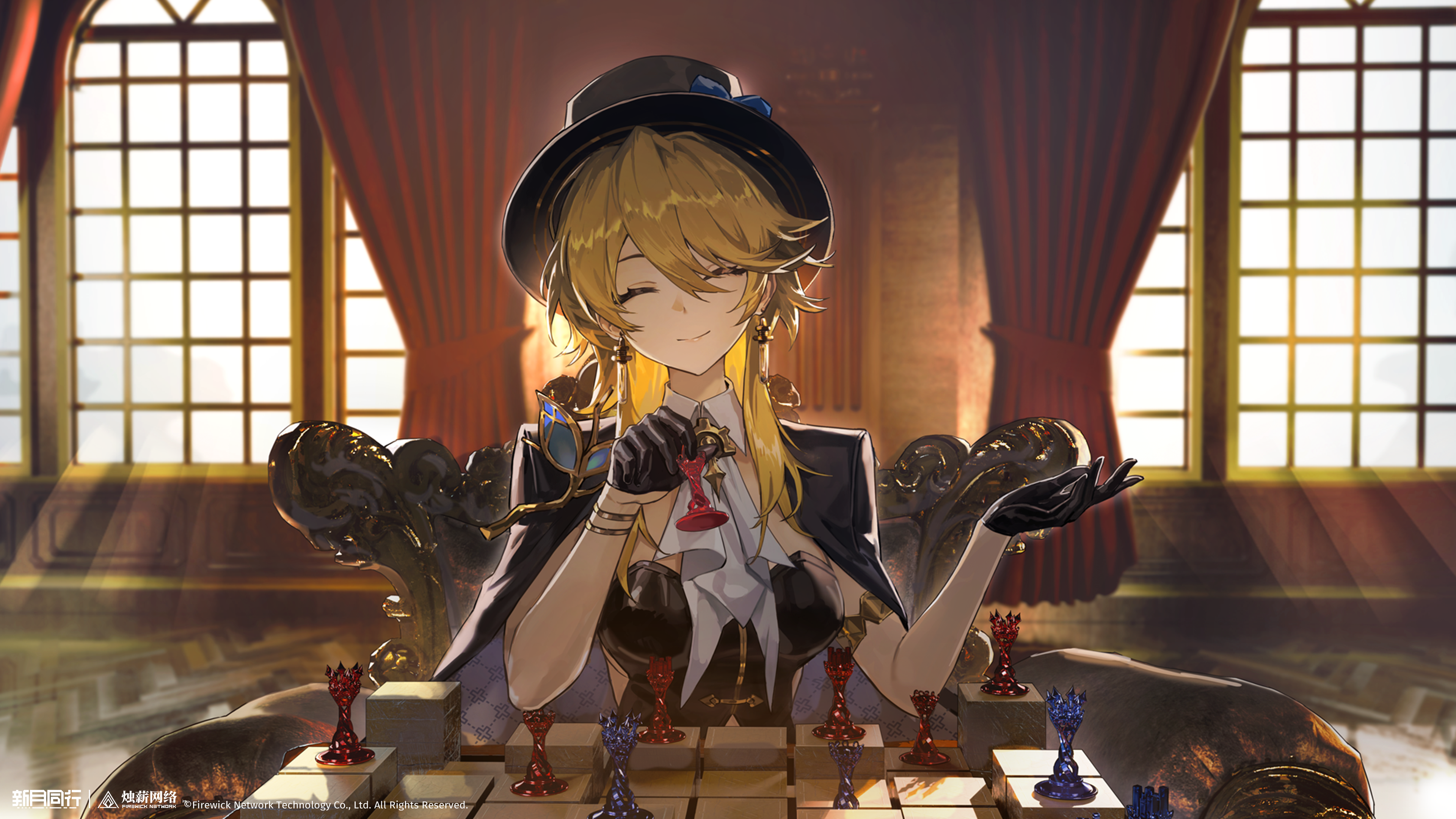 xinyue tongxing, absurdres, highres, official art, official wallpaper, 1girl, ^ ^, ascot, backlighting, black cape, black dress, black gloves, breasts, cape, chair, chess piece, chessboard, closed eyes, closed mouth, copyright name, copyright notice, curtains, detached collar, dress, earrings, facing viewer, gloves, hands up, holding, holding chess piece, indoors, jewelry, logo, luyou (xinyue tongxing), medium hair, smile, solo, strapless, strapless dress, upper body, white ascot, window