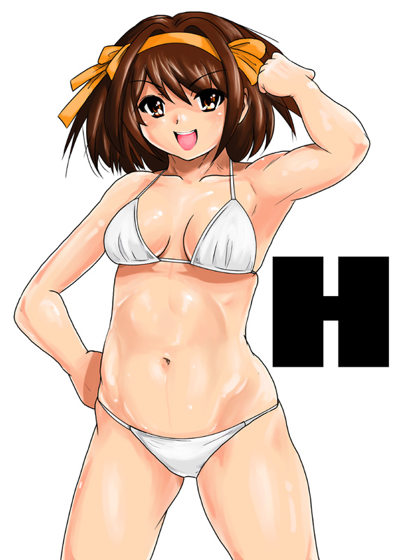 suzumiya haruhi, suzumiya haruhi no yuuutsu, tagme, 00s, 1girl, bikini, breasts, brown hair, female focus, navel, simple background, solo, swimsuit, white background, white bikini