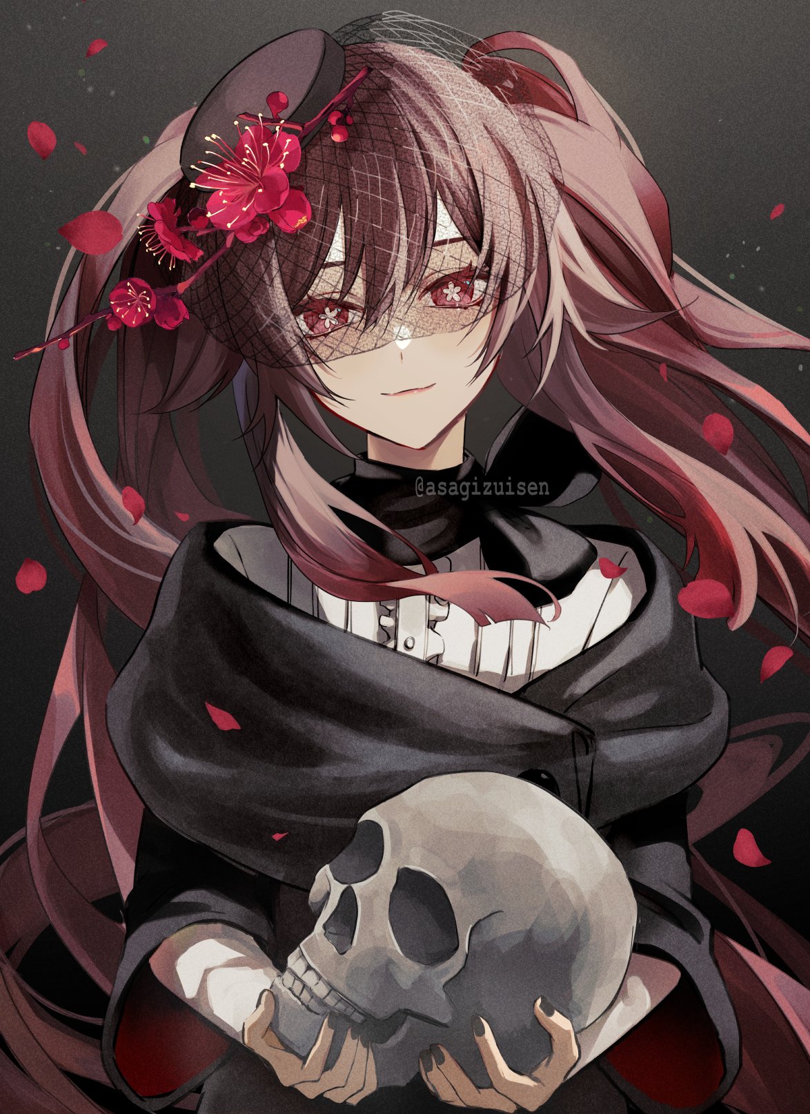 asagizuisen, hu tao (genshin impact), genshin impact, commentary, highres, 1girl, alternate costume, black background, black hat, black nails, brown hair, center frills, closed mouth, falling petals, flower, flower-shaped pupils, frills, gradient background, grey background, hat, hat flower, holding, holding skull, long hair, looking at viewer, nail polish, petals, pillbox hat, red eyes, red flower, red petals, shirt, skull, solo, symbol-shaped pupils, twitter username, upper body, veil, very long hair, white shirt