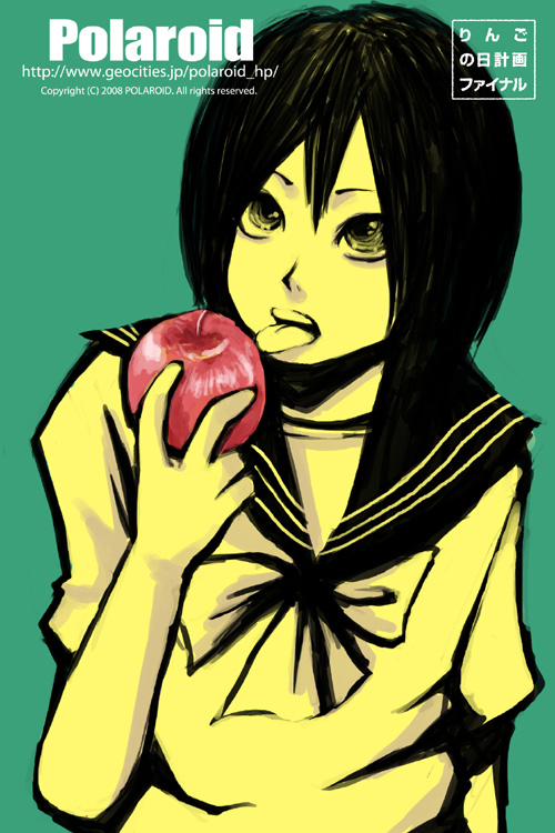 junta, junta (polaroid), bad id, bad pixiv id, 1girl, apple, bow, female focus, food, fruit, holding, holding food, holding fruit, monochrome, sailor, school uniform, serafuku, solo