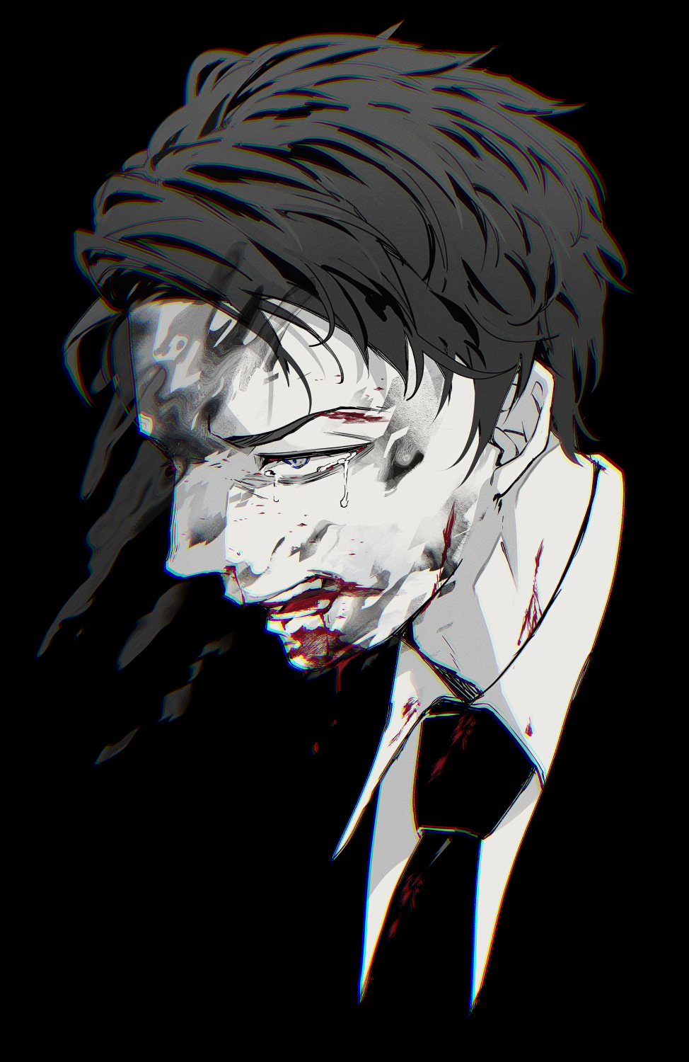 motoiwork, roland (project moon), library of ruina, project moon, hashtag-only commentary, highres, 1boy, black background, black eyes, black hair, black necktie, black suit, blood, blood from mouth, blood on clothes, blood on face, bruise, bruise on face, bruise on neck, collared shirt, crying, crying with eyes open, curtained hair, distortion, formal clothes, injury, male focus, necktie, nosebleed, shirt, short hair, suit, tears, wavy hair, white shirt