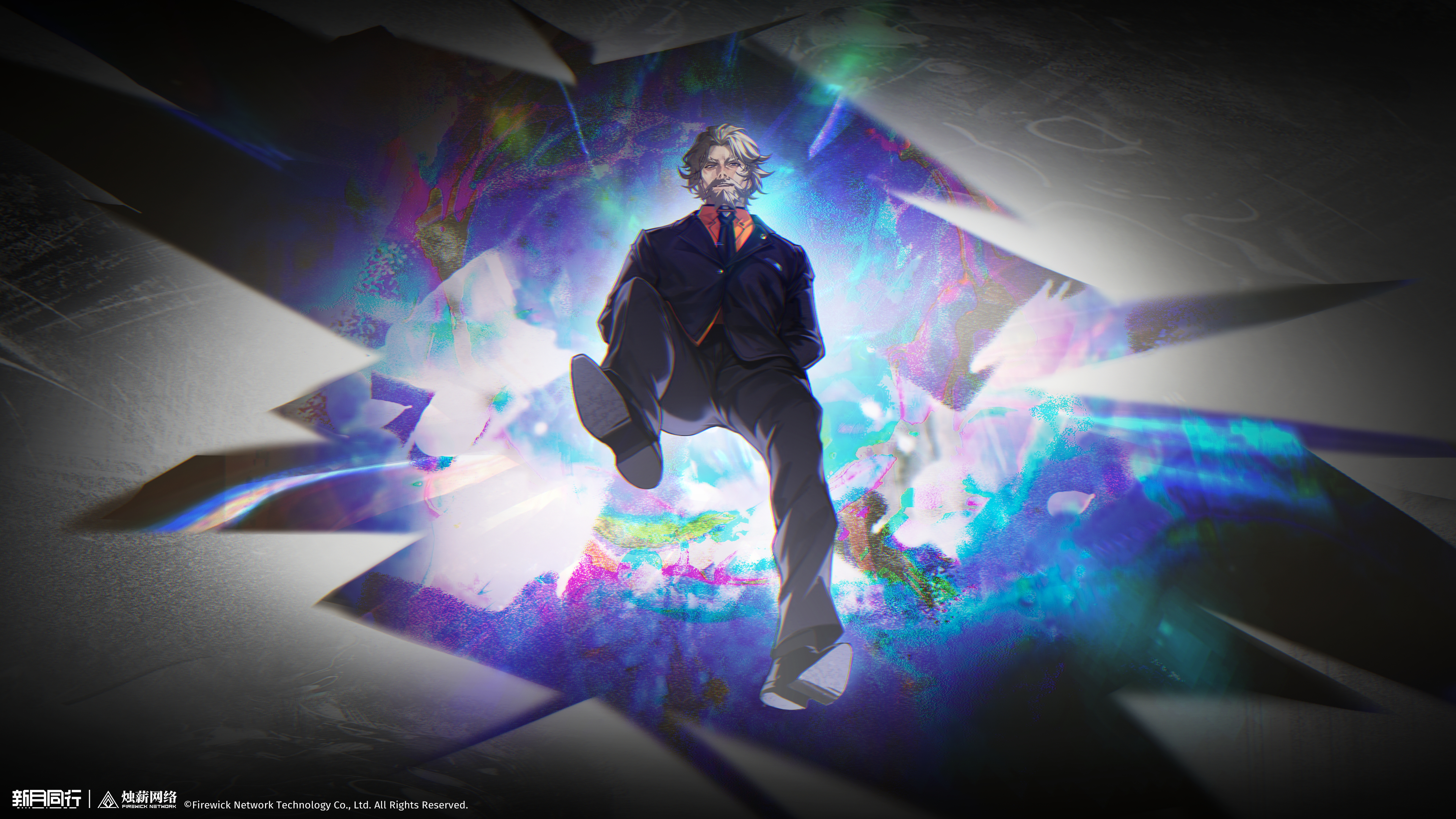 xinyue tongxing, absurdres, highres, official art, official wallpaper, 1boy, abstract background, beard, black jacket, black necktie, black pants, black shoes, black suit, blue eyes, collared shirt, copyright name, copyright notice, facial hair, falling, formal clothes, full beard, full body, grey hair, hands in pockets, jacket, logo, looking at viewer, male focus, mature male, necktie, old, old man, orange shirt, pants, shirt, shoes, short hair, smile, solo, suit, suit jacket, tesla (xinyue tongxing)