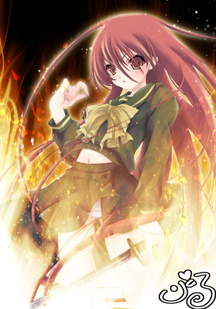 little (izumi little), ritoru, alastor (shakugan no shana), shana, shakugan no shana, bad id, bad pixiv id, 00s, 1girl, female focus, fire, jewelry, long hair, panties, pantyshot, pendant, red eyes, red hair, school uniform, solo, sword, underwear, weapon