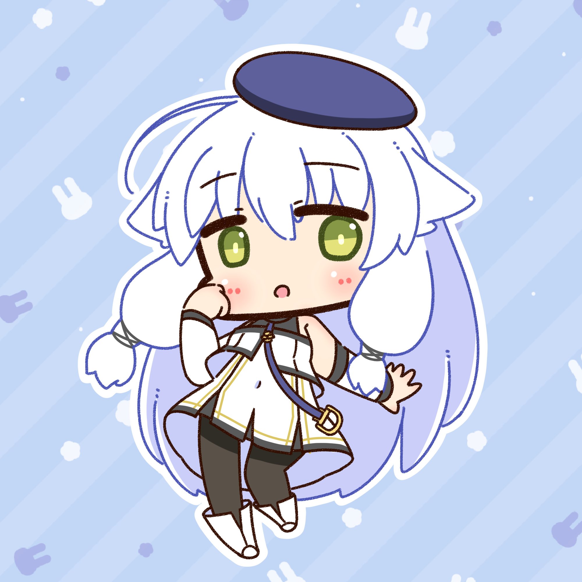 shizukushigure, altina orion, eiyuu densetsu, hajimari no kiseki, commentary request, highres, 1girl, :o, beret, black pantyhose, blue background, blue hat, blush, chibi, chibi only, detached sleeves, dress, full body, green eyes, hat, long hair, looking at viewer, open mouth, pantyhose, sleeveless, sleeveless dress, solo, white dress, white hair, white sleeves