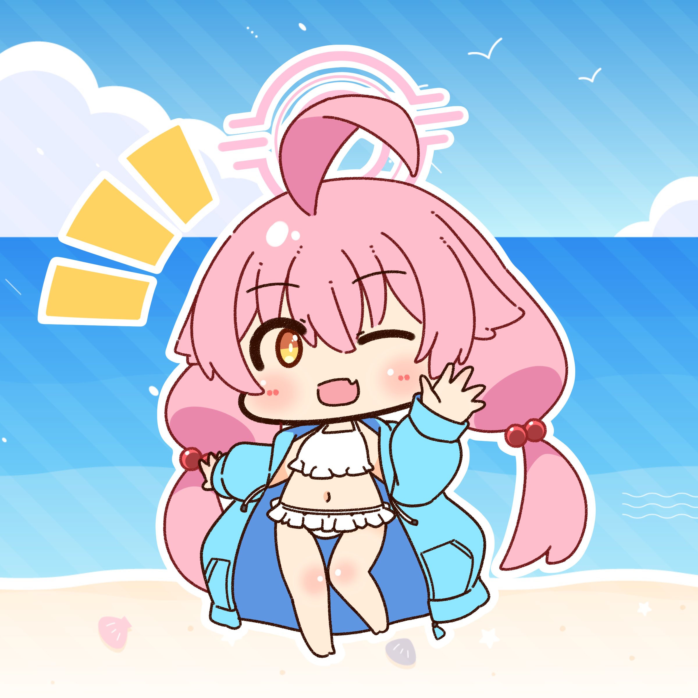 shizukushigure, hoshino (blue archive), hoshino (swimsuit) (blue archive), blue archive, absurdres, commentary request, highres, 1girl, ahoge, beach, bikini, blue jacket, blue sky, blush, cloud, fang, frilled bikini, frills, full body, hair bobbles, hair ornament, halo, jacket, long hair, looking at viewer, low twintails, musical note, navel, ocean, one eye closed, open clothes, open jacket, open mouth, outdoors, pink hair, pink halo, seashell, shell, simple bird, skin fang, sky, smile, solo, swimsuit, twintails, very long hair, white bikini, yellow eyes