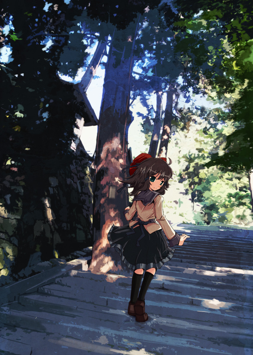 hitsuji (artist), original, highres, 1girl, black hair, female focus, full body, green eyes, hair ribbon, nature, outdoors, ribbon, school uniform, sky, solo