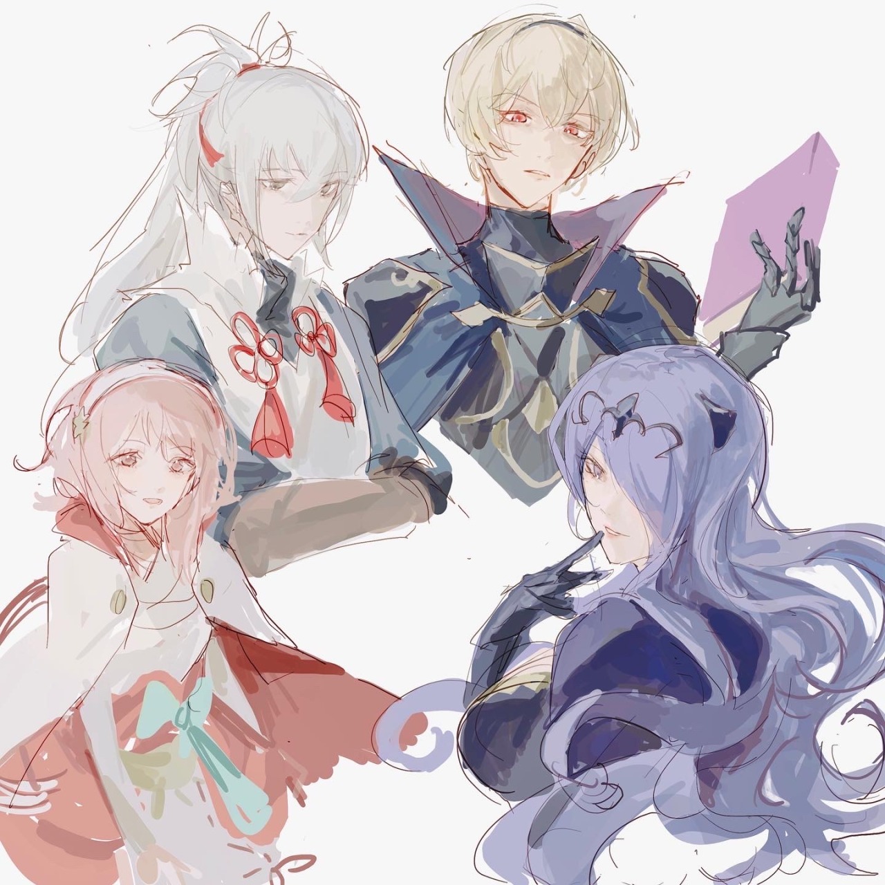 camilla (fire emblem), leo (fire emblem fates), sakura (fire emblem), takumi (fire emblem), fire emblem, fire emblem fates, nintendo, 2boys, 2girls, blonde hair, book, brinaanana, finger to mouth, grey hair, hairband, multiple boys, multiple girls, orange eyes, pink eyes, pink hair, purple eyes, purple hair, simple background, tiara