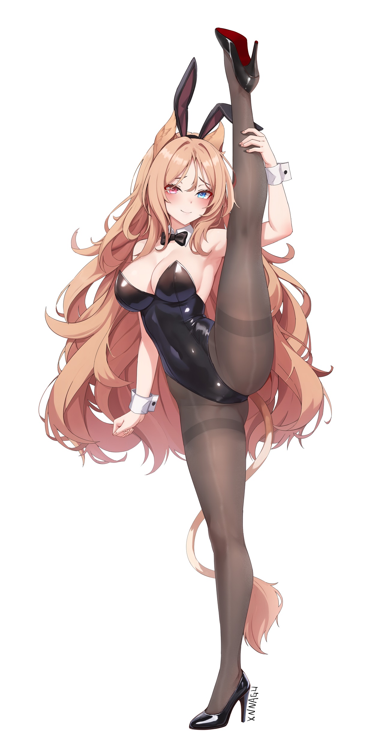 xnnagu, archetto (arknights), arknights, absurdres, commentary request, highres, variant set, 1girl, alternate costume, animal ears, black bow, black bowtie, black leotard, black pantyhose, blue eyes, bow, bowtie, breasts, cleavage, heterochromia, high heels, large breasts, leotard, long hair, orange hair, panties, pantyhose, playboy bunny, rabbit ears, red eyes, smile, solo, split, standing, standing on one leg, standing split, underwear, very long hair, wrist cuffs