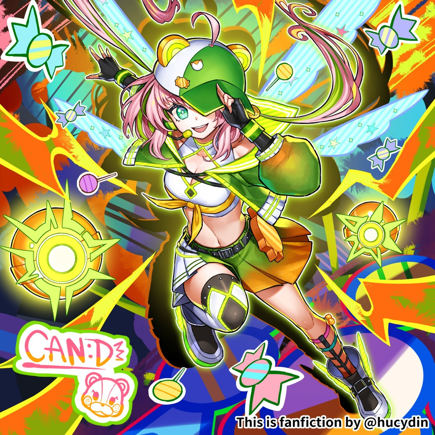 hucydin, yu-gi-oh!, yu-gi-oh! rush duel, highres, tagme, breasts, can-sp:d, cleavage, coat, duel monster, fingerless gloves, gloves, green eyes, green hair, green hat, hat, long sleeves, midriff, multicolored hair, navel, pink hair, puffy coat, puffy long sleeves, puffy sleeves, short hair, skirt, standing, standing on one leg, twintails