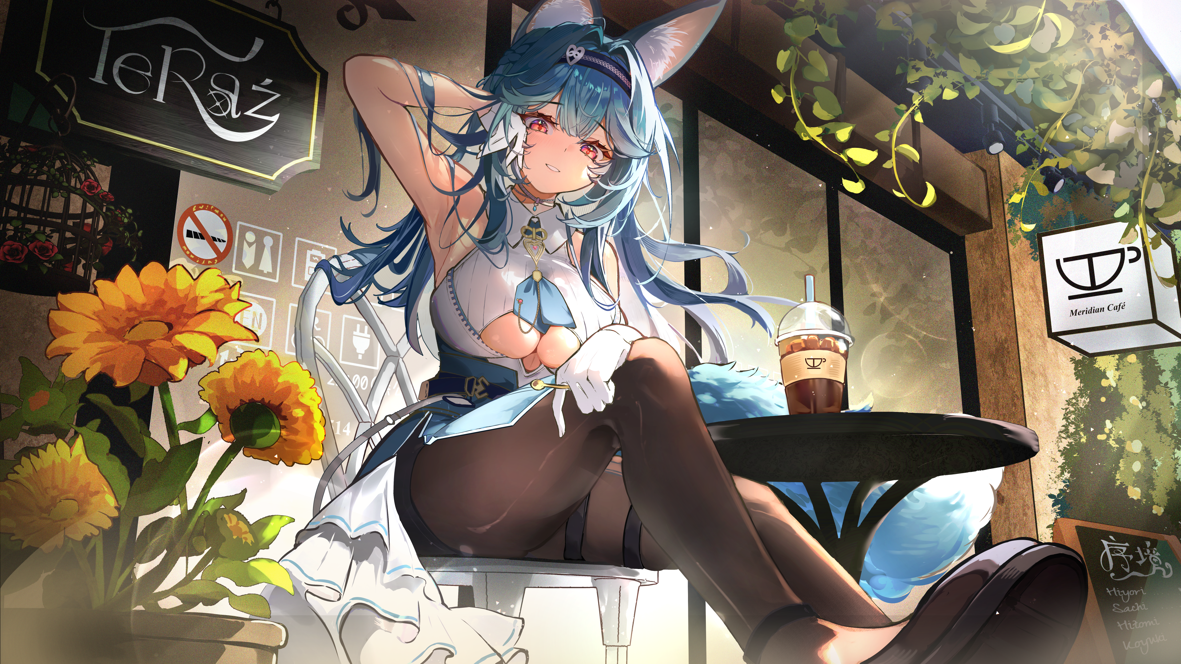 mowjing, hiyori (meridian project), meridian project, absurdres, highres, 1girl, animal ear fluff, animal ears, arm up, armpits, bare shoulders, blue hair, breasts, brown pantyhose, cafe, clothing cutout, flower, fox ears, fox girl, fox tail, hairband, large breasts, long hair, looking at viewer, pantyhose, parted lips, red eyes, smile, solo, table, tail, underboob, underboob cutout, virtual youtuber
