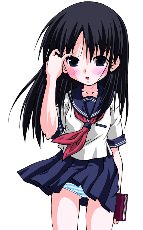 sakemasu, 1girl, black eyes, black hair, blue skirt, blush, book, breast pocket, breasts, collarbone, female focus, holding, long hair, looking at viewer, neckerchief, open mouth, panties, pocket, red neckerchief, school uniform, shirt, short sleeves, skirt, small breasts, solo, standing, striped clothes, striped panties, underwear, upskirt, white background, white panties, white shirt, wind, wind lift