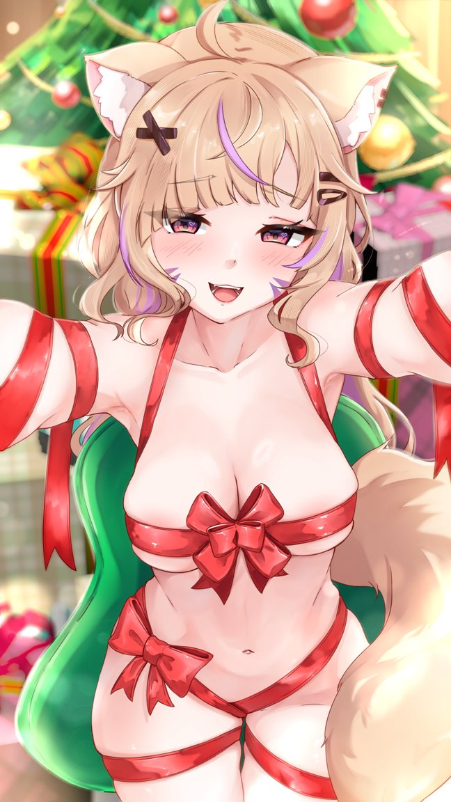 takoroki, shyrei faolan, indie virtual youtuber, commentary, english commentary, second-party source, 1girl, ahoge, animal ear fluff, animal ears, blonde hair, box, breasts, cat ears, cat girl, cat tail, christmas tree, cleavage, colored inner hair, facial mark, gift, gift box, hair ornament, long hair, looking at viewer, medium breasts, multicolored hair, naked ribbon, navel, open mouth, purple hair, reaching, reaching towards viewer, red eyes, ribbon, solo, tail, virtual youtuber, whisker markings