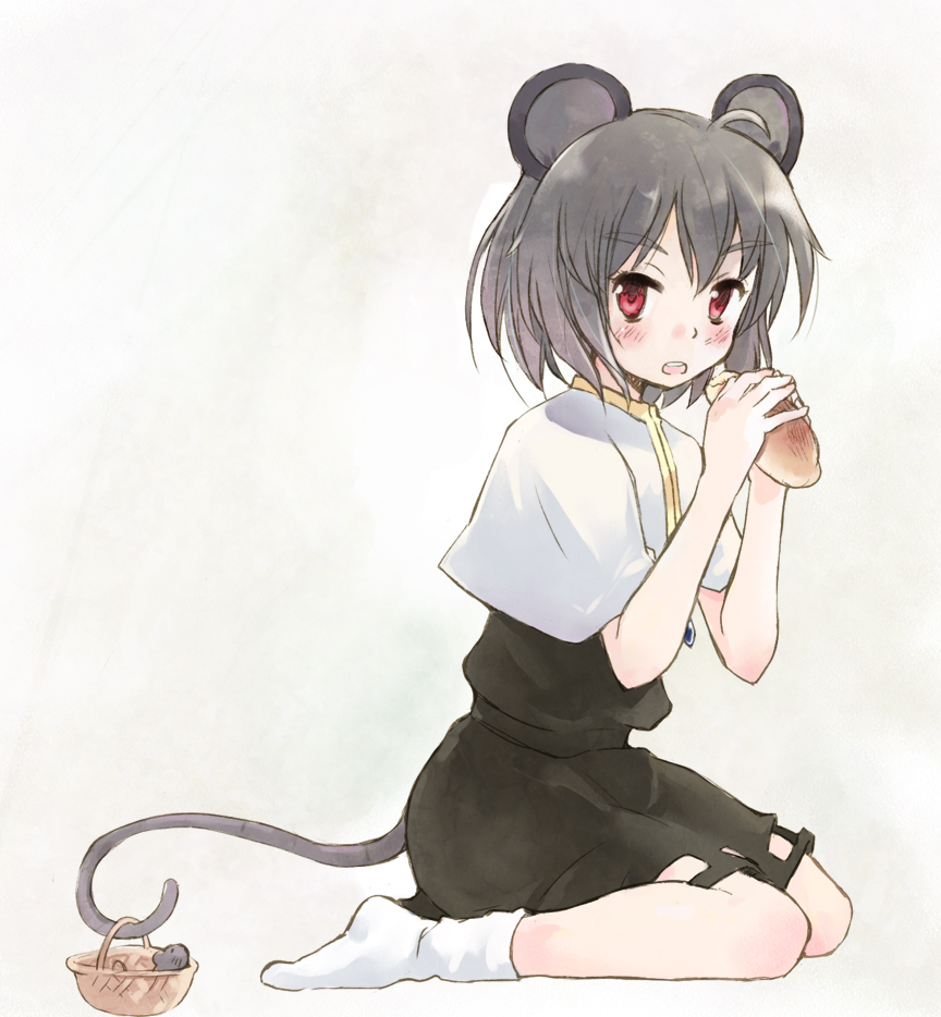 nonaka yuu, nazrin, touhou, md5 mismatch, resolution mismatch, source smaller, 1girl, ahoge, animal ears, blouse, eating, female focus, food, grey hair, mouse (animal), mouse ears, mouse tail, no shoes, red eyes, shirt, short hair, simple background, socks, solo, tail, white shirt, white socks