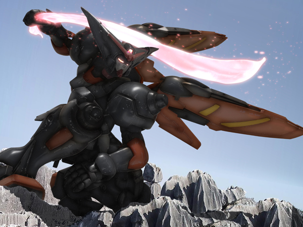 robographer, master gundam, g gundam, gundam, 1990s (style), glowing, glowing eyes, mecha, no humans, outdoors, retro artstyle, robot, sky, solo