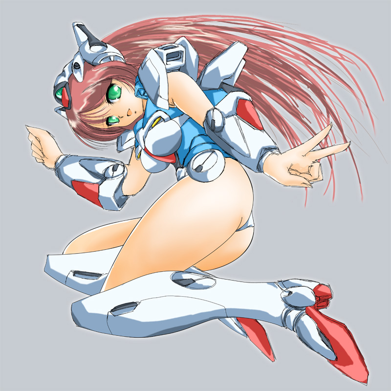 mori chu, victory gundam hexa, gundam, victory gundam, 1990s (style), 1girl, ass, female focus, green eyes, long hair, mecha musume, retro artstyle, solo, v