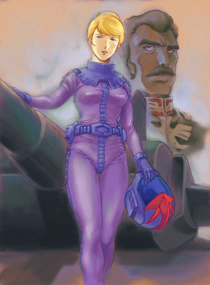 setsuka (artist), crowley hamon, magella attack, ramba ral, gundam, mobile suit gundam, pilot suit, 1boy, 1girl, blonde hair, brown hair, facial hair, helmet, mustache, thigh gap, thighs