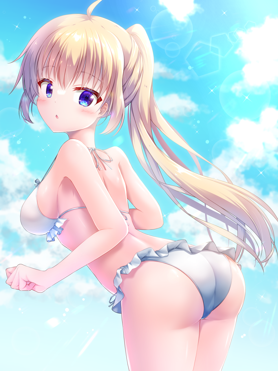 getsuyoshi, itsumura haruka, re:stage!, commentary, highres, 1girl, :o, ahoge, alternate hairstyle, ass, bikini, blonde hair, blue eyes, blue sky, blush, breasts, clenched hand, cloud, cowboy shot, day, dot nose, from behind, halterneck, high ponytail, leaning forward, looking at viewer, looking back, medium breasts, non-circular lens flare, outdoors, parted lips, ponytail, sideboob, sidelocks, sky, solo, string bikini, swimsuit, white bikini