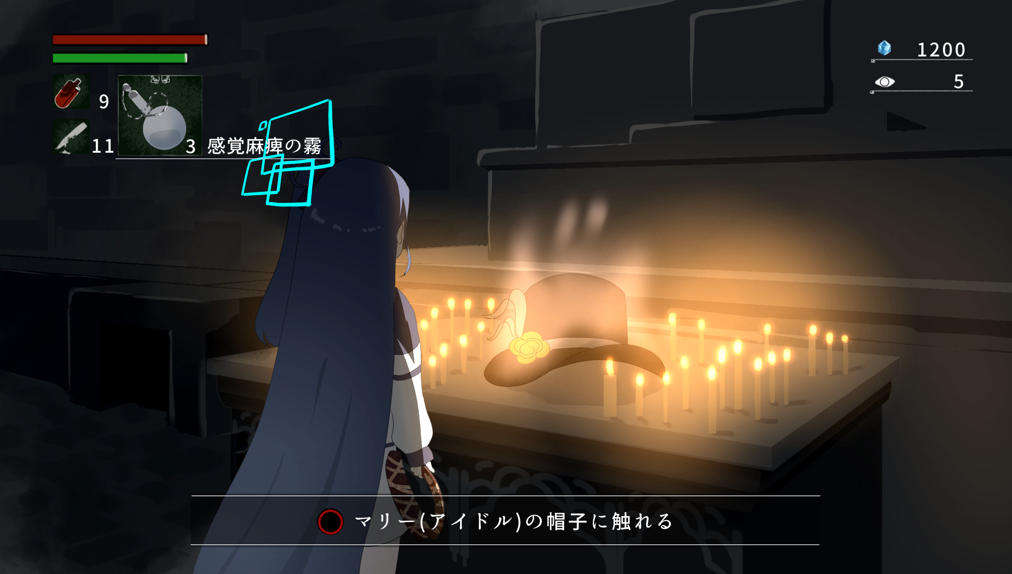 miaki (mi autumn39), aris (blue archive), bloodborne, blue archive, highres, tagme, translation request, 1girl, black hair, candle, halo, hat, health bar, holding, long hair, long sleeves, one side up, parody, pyroxene (blue archive), skirt, very long hair