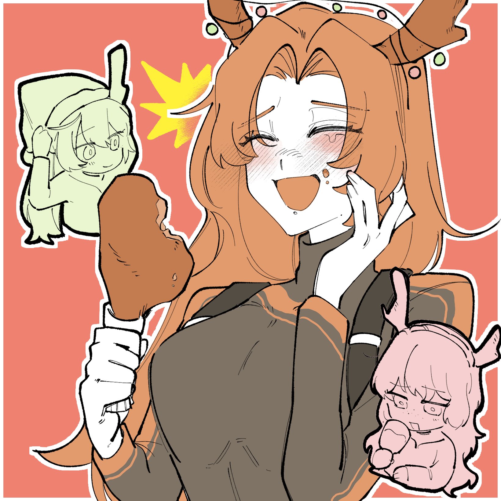 hong lu (project moon), ishmael (project moon), rodion (project moon), limbus company, project moon, artist request, highres, large variant set, variant set, antlers, bodysuit, breasts, cup, drinking glass, food, hat, holding, holding food, horns, long hair, meat, open mouth, r corp. (identity) (project moon), reindeer antlers, santa hat, smile, tearing up, turkey (food), wine glass