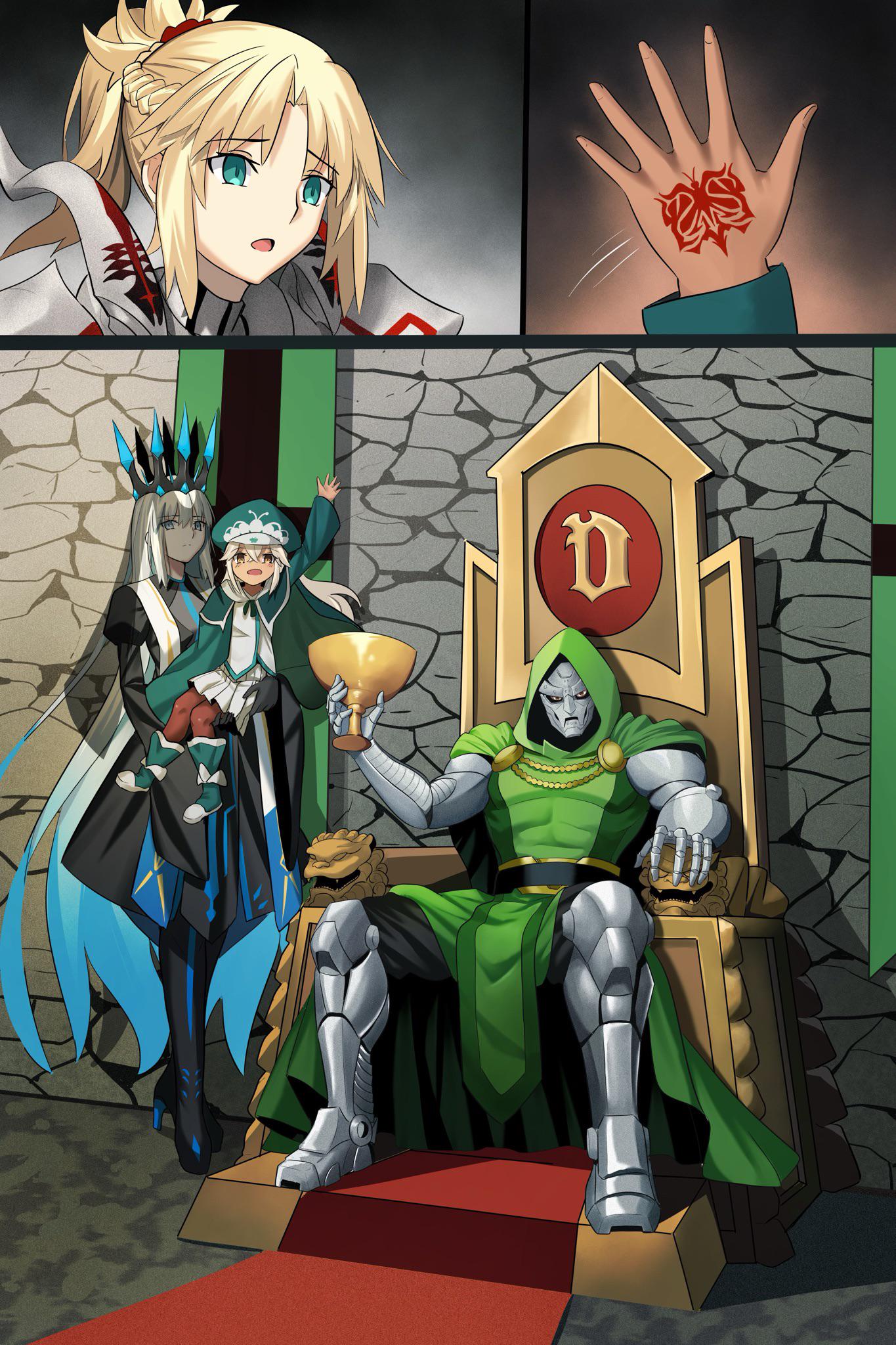 longdq3008, doctor doom, mordred (fate), mordred (fate/apocrypha), morgan le fay (fate), morgan le fay (fate/apocrypha), fate/apocrypha, fate (series), marvel, commission, highres, 1boy, 3girls, armor, black dress, blonde hair, blue eyes, blue hair, command spell, crossover, cup, dress, father and daughter, gradient hair, green eyes, hat, high heels, holding, holding cup, hood, husband and wife, if they mated, long hair, mask, mother and daughter, multicolored hair, multiple girls, ponytail, siblings, sisters, sitting on throne, veil, very long hair, white hair