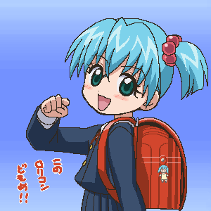 awa, misaki runo, bakugan, bakugan battle brawlers, lowres, 00s, 1girl, blouse, blue background, blue hair, chibi, female focus, from side, gradient background, jaggy lines, school, shirt, smile, solo, white shirt