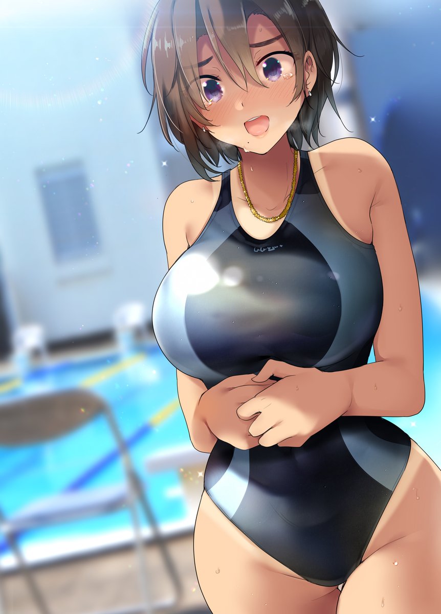 ryouma (galley), original, commentary request, highres, 1girl, bare shoulders, blurry, blurry background, breasts, brown hair, cleavage, cowboy shot, crying, crying with eyes open, earrings, hair between eyes, jewelry, large breasts, mole, mole under mouth, necklace, one-piece swimsuit, one-piece tan, open mouth, own hands together, pool, purple eyes, short hair, solo, standing, swimsuit, tan, tanline, tears