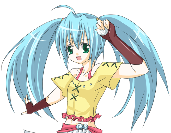 misaki runo, bakugan, bakugan battle brawlers, 00s, 1girl, blue hair, female focus, green eyes, long hair, smile, solo