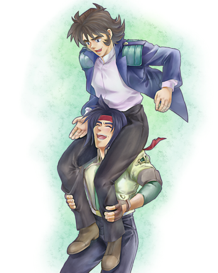 b-saku, domon kasshu, kyouji kasshu, g gundam, gundam, 1990s (style), 2boys, brothers, carrying, family bonding, happy, male focus, multiple boys, piggyback, retro artstyle, shoulder carry, siblings