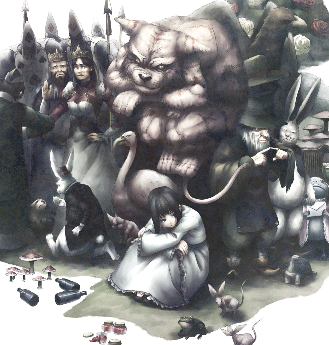shouhei, alice (alice in wonderland), cheshire cat (alice in wonderland), mad hatter (alice in wonderland), march hare (wonderland), queen of hearts (alice in wonderland), white rabbit (alice in wonderland), alice's adventures in wonderland, highres, 2girls, 3boys, animal ears, beard, bird, bottle, crown, dress, facial hair, flower, frog, griffin, hat, knight, multiple boys, multiple girls, mushroom, rabbit ears, rabbit tail, rose, slit pupils, tail, turtle