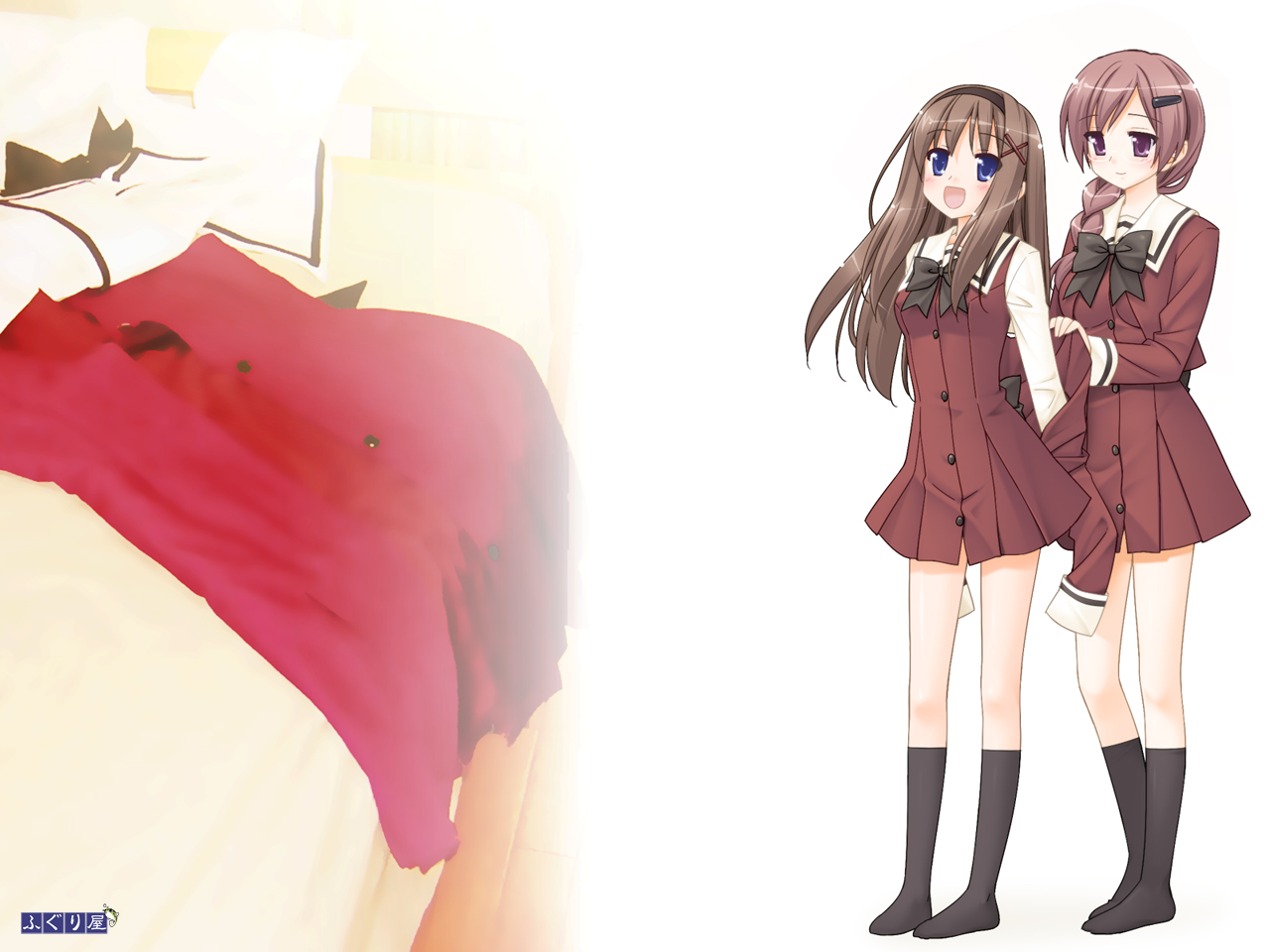 kani biimu, kitajima kaede, kitajima sara, fuguriya, sono hanabira ni kuchizuke wo, 2girls, blue eyes, cousins, legs, multiple girls, ponytail, school uniform, undressing, yuri