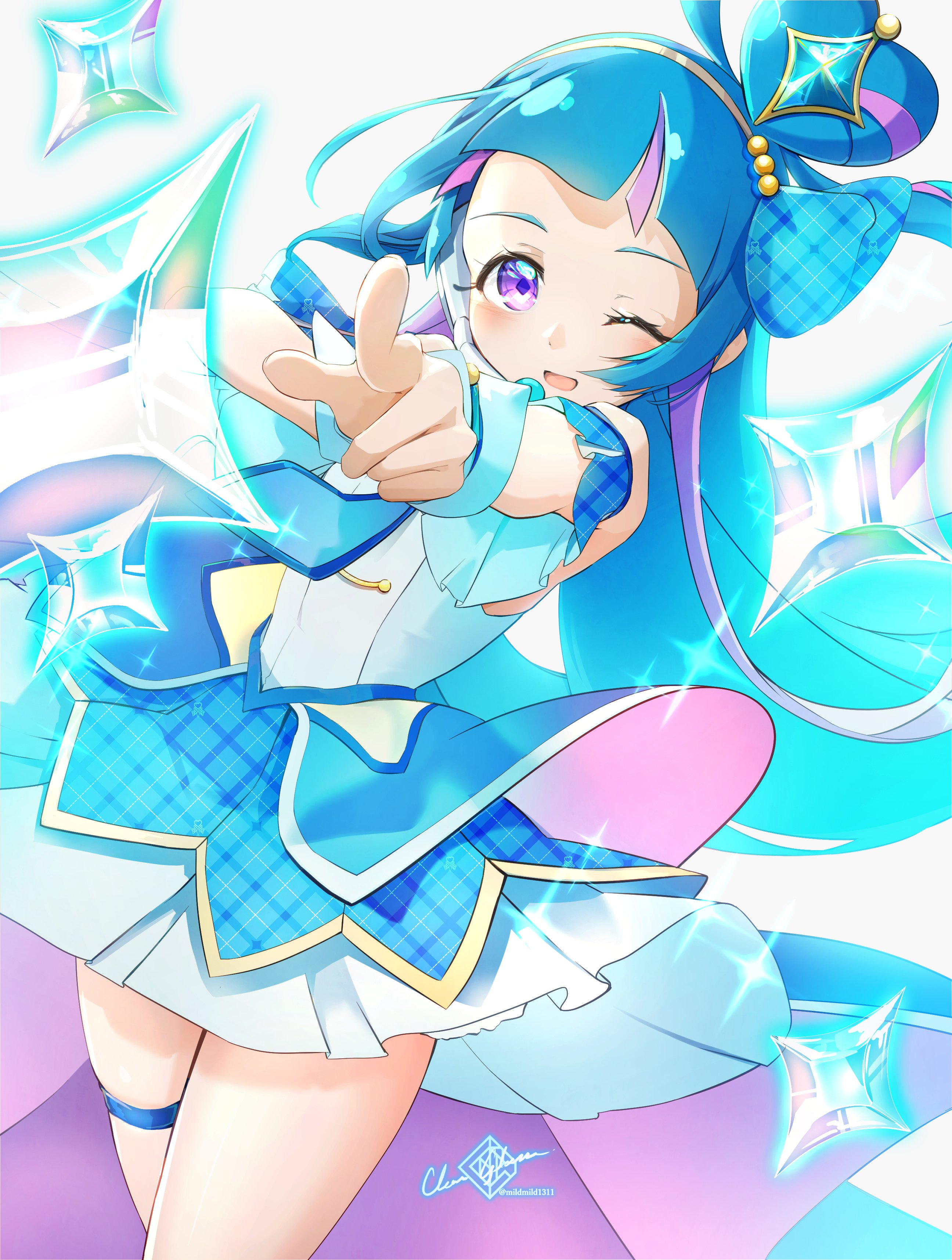 clear glass (mildmild1311), aokaze nana, cure wink, kimi to idol precure, precure, absurdres, highres, 1girl, blue hair, blush, bow, detached collar, dress, hair bun, hairband, heart, jewelry, long hair, looking at viewer, magical girl, multicolored hair, one eye closed, open mouth, pointing, purple eyes, purple hair, signature, skirt, smile, solo, two-tone hair, wrist cuffs