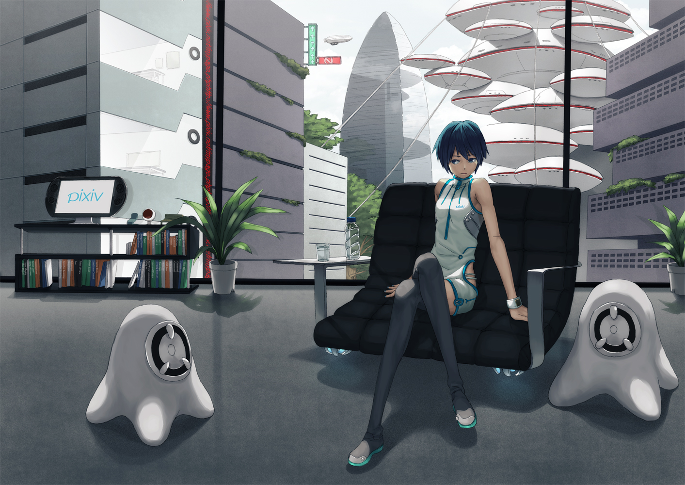 shouhei, pixiv, aqua hair, blue hair, book, bookshelf, crossed legs, monitor, personification, science fiction, sitting, thighhighs